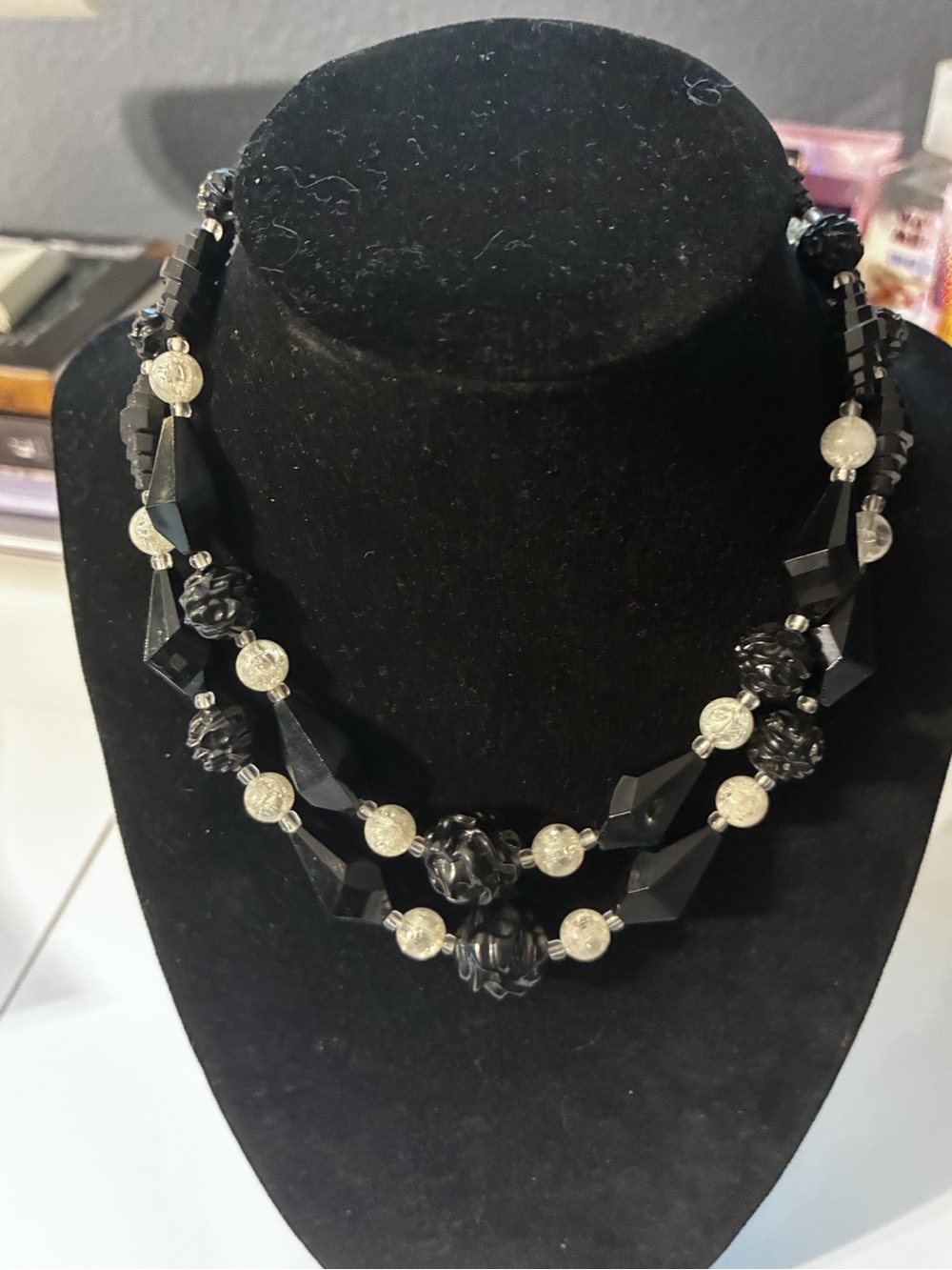 Vintage Elegant Black Bead Double-Strand Necklace by